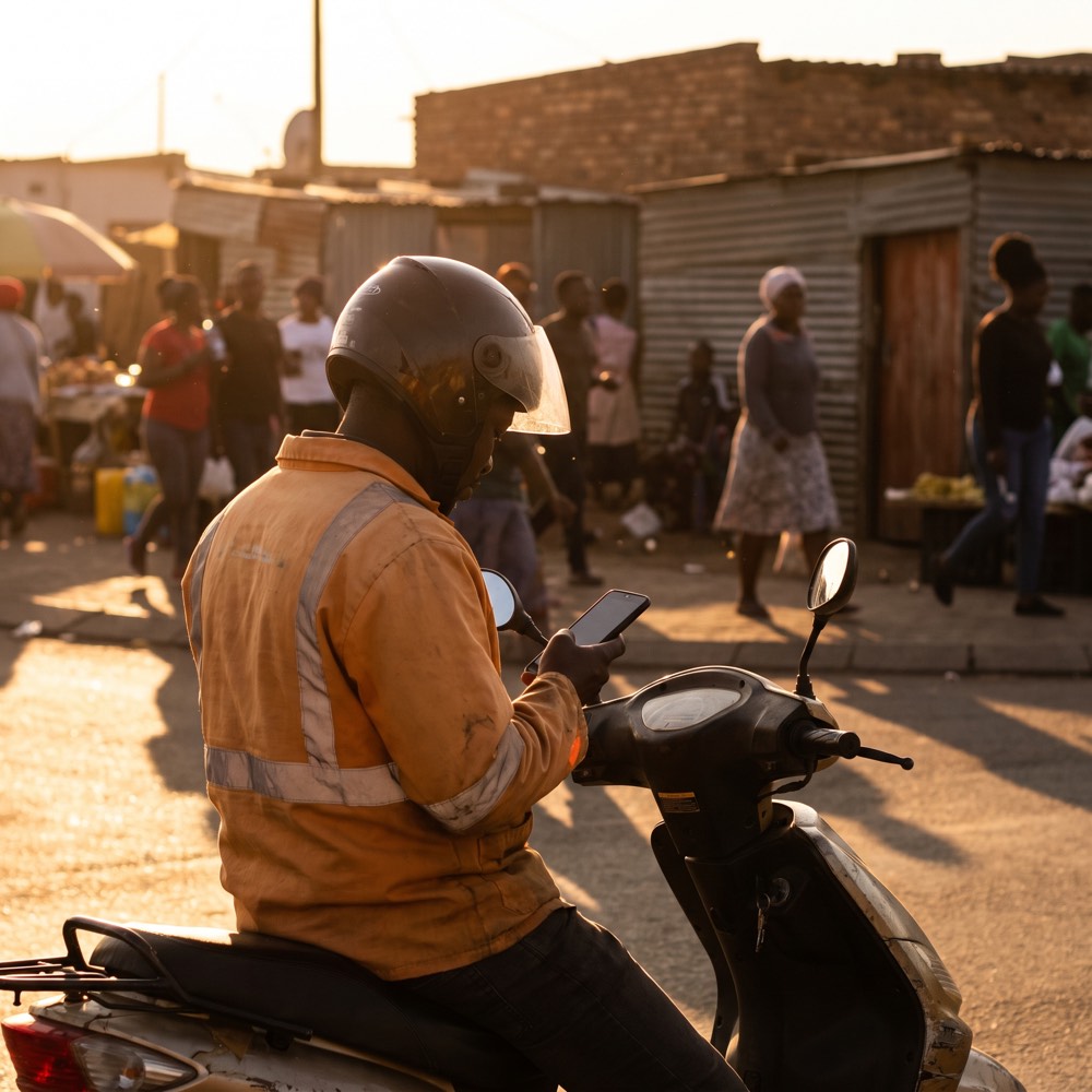 A courier on a scooter pulling away from a suburban gate