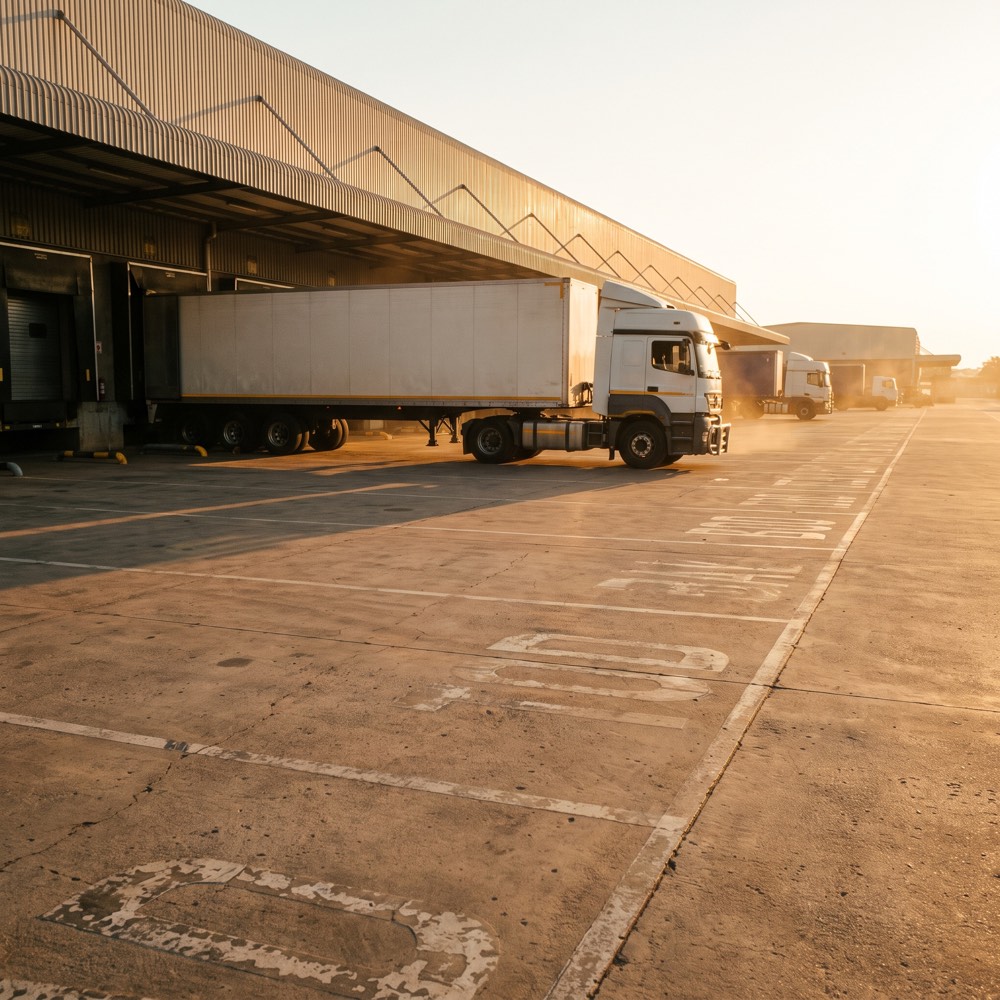 A freight truck at a distribution centre loading dock