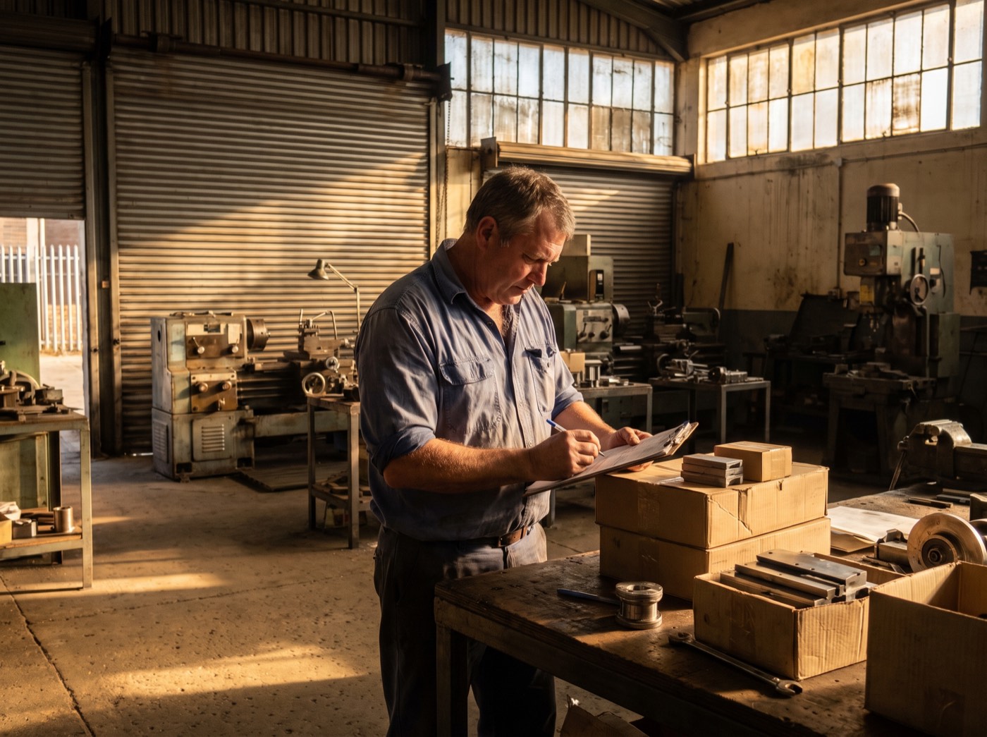 A workshop owner checking finished goods ready for dispatch